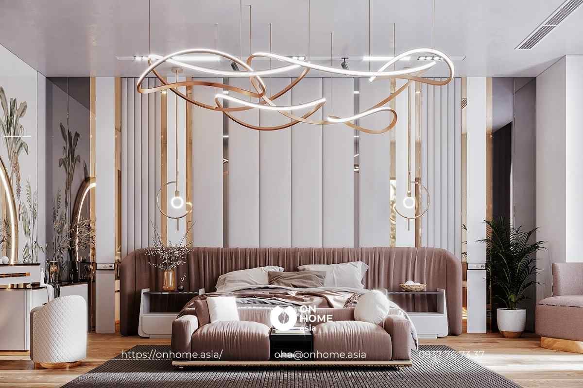 Mẫu phòng ngủ biệt thự dành cho vợ chồng trẻ với tiêu điểm đèn chùm với thiết kế độc đáo