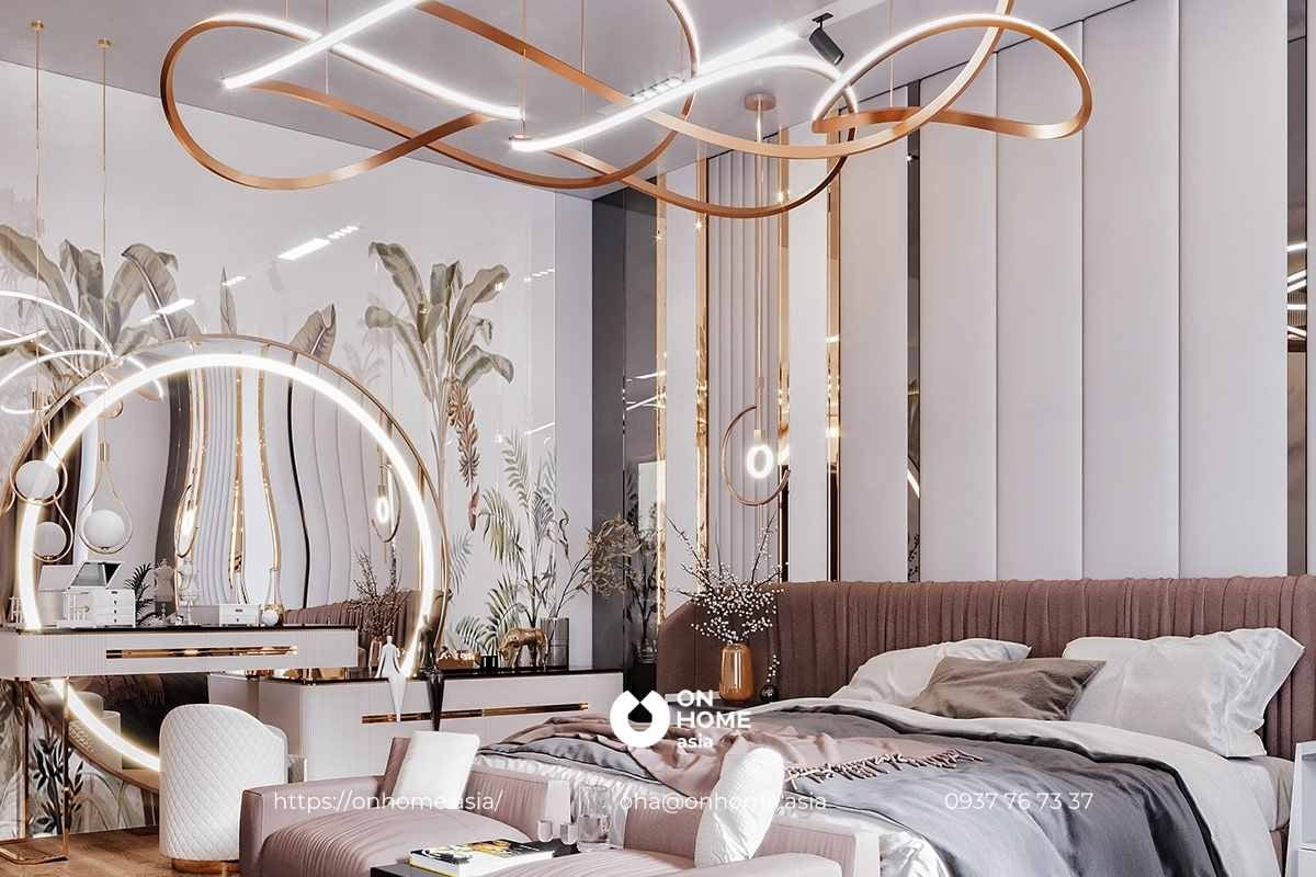 Mẫu phòng ngủ biệt thự dành cho vợ chồng trẻ với tiêu điểm đèn chùm với thiết kế độc đáo