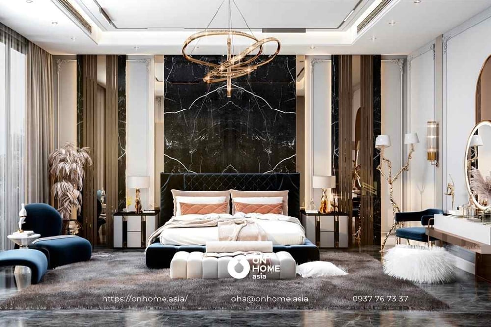 Mẫu thiết kế Phòng ngủ biệt thự phong cách Luxury cao cấp với đá cẩm thạch