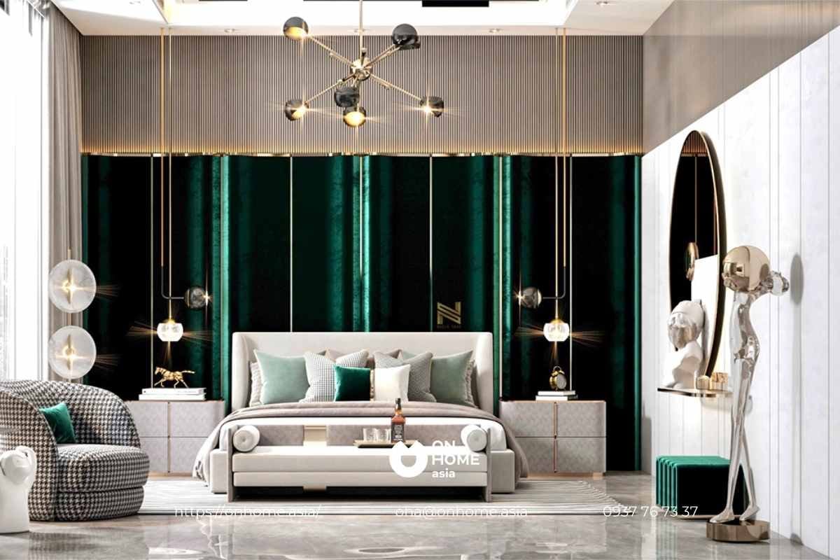 Mẫu phòng ngủ biệt thự độc thân Luxury với sắc xanh thanh lịch, thần thái.