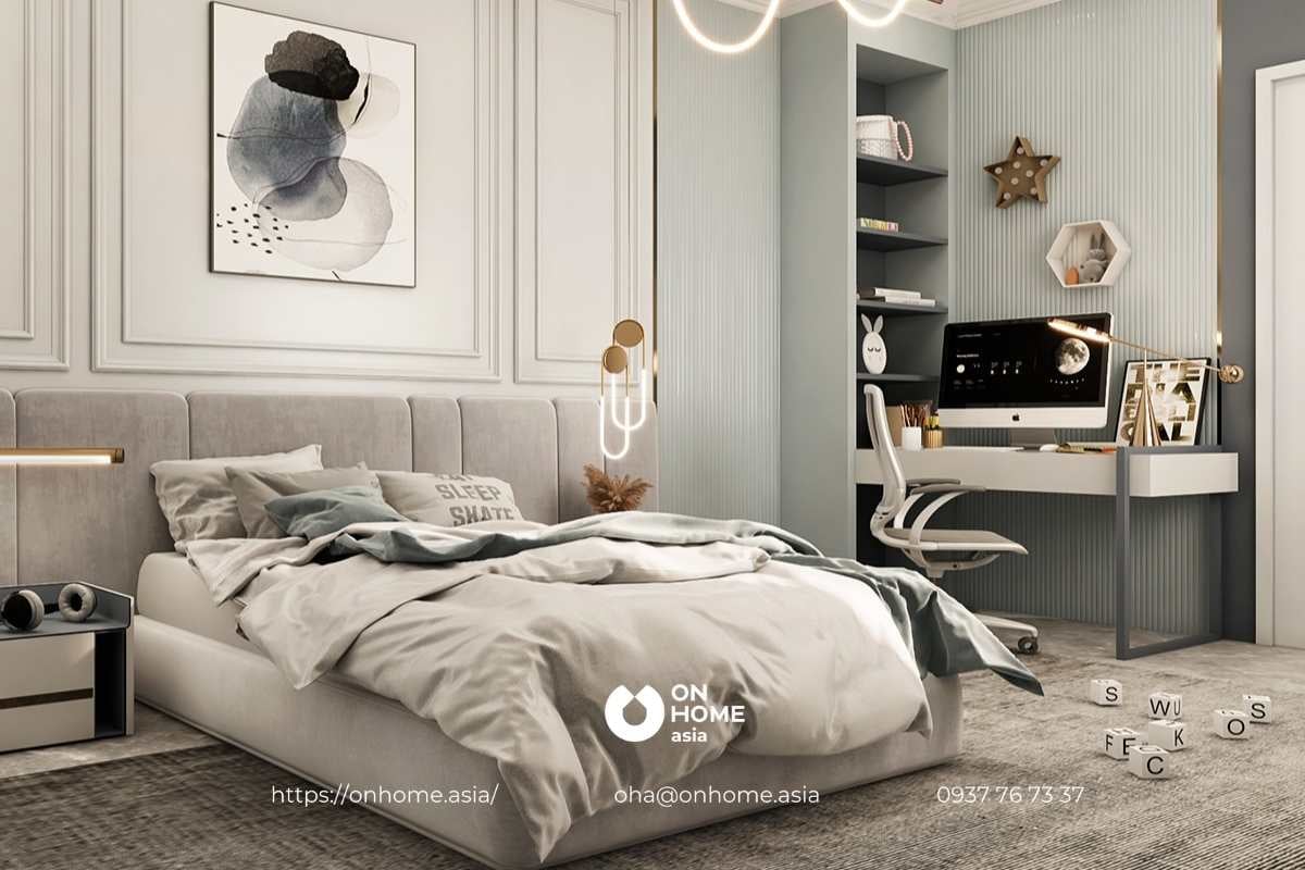 Mẫu phòng ngủ biệt thự dành cho trẻ em phong cách hiện đại kết hợp xanh nhạt và xám
