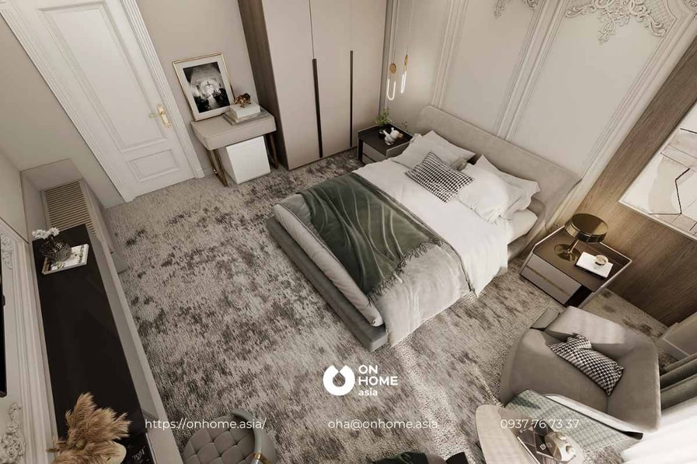 Mẫu phòng ngủ biệt thự dành cho người lớn tuổi với thiết kế Tân Cổ Điển thanh lịch, sang trọng.