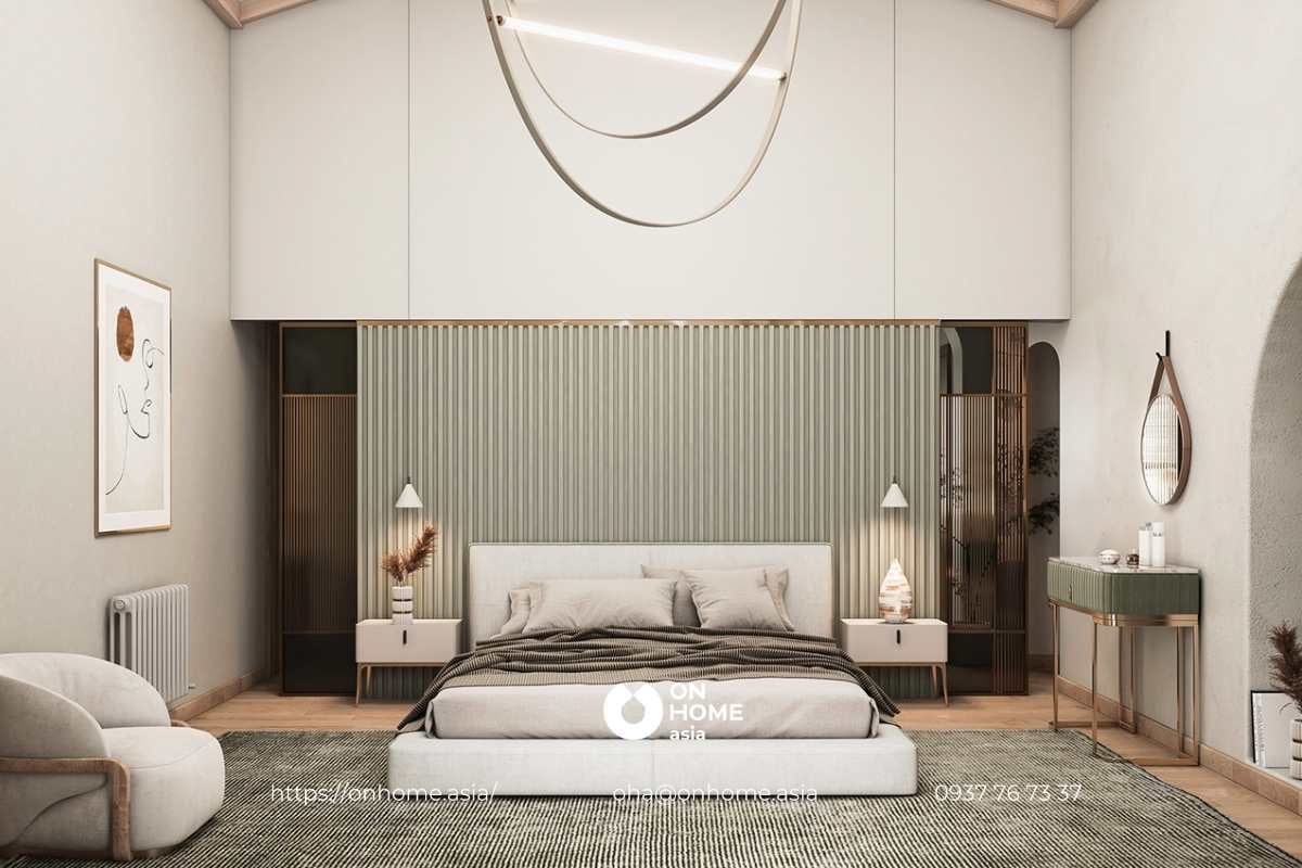 Mẫu thiết kế Phòng ngủ biệt thự phong cách Luxury sang trọng với cặp màu chủ đạo xanh trắng.