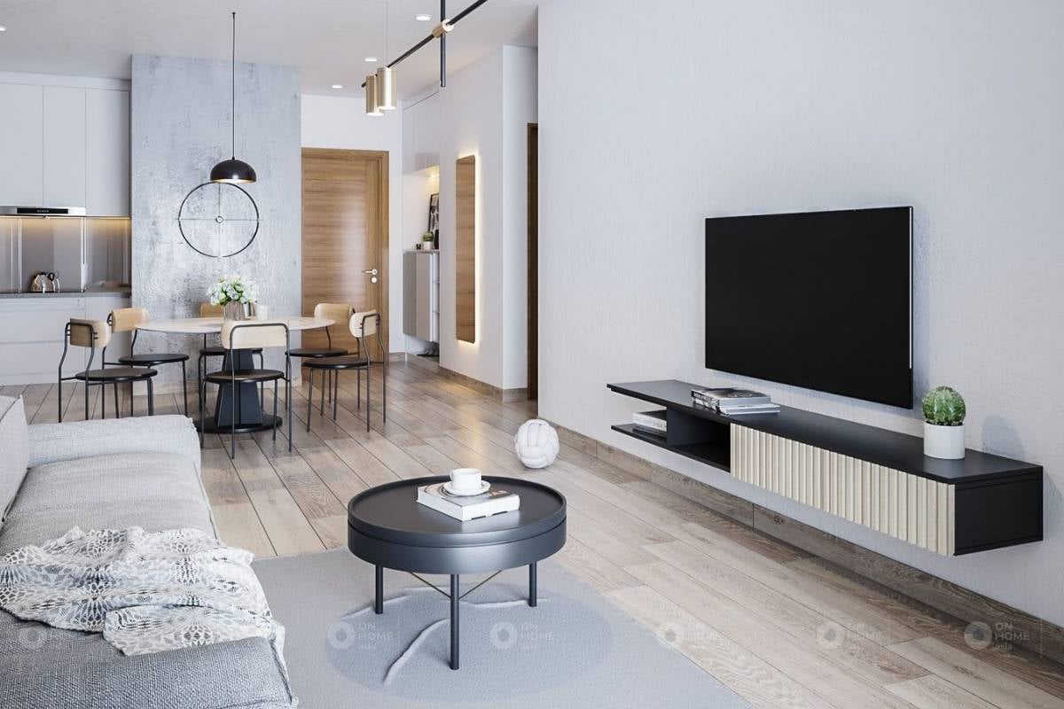 Thiết kế nội thất phòng khách của căn hộ 3 phòng ngủ với phong cách hiện đại