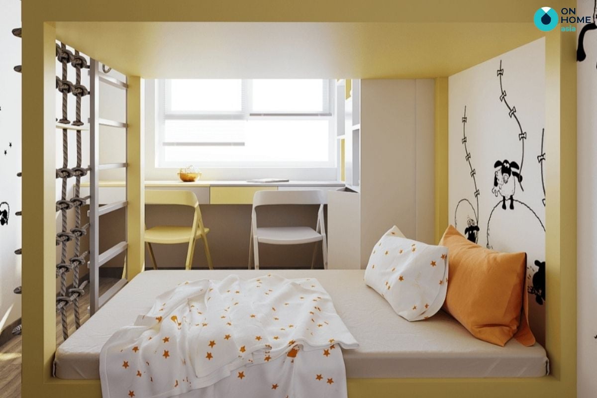 Mẫu phòng ngủ màu trắng vàng 14m2 với giường tầng cho bé trai