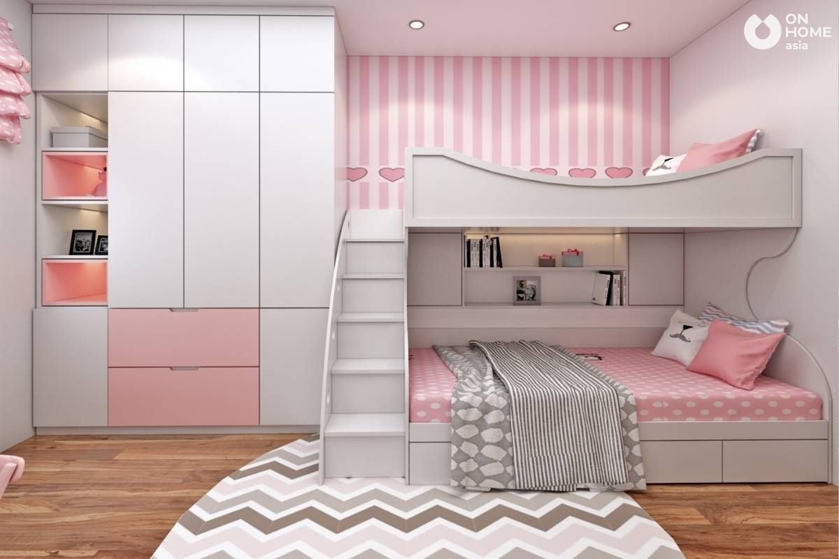 Phòng ngủ có giường tầng màu hồng