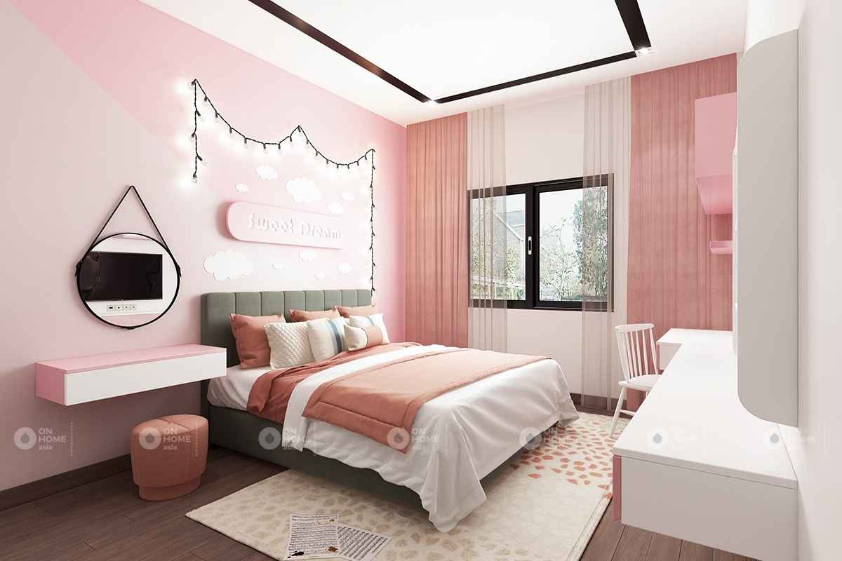 23+] Mẫu phòng ngủ bé gái màu hồng cực đáng yêu