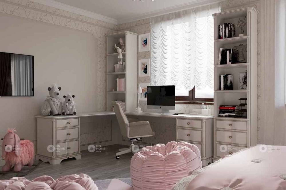 Phòng ngủ màu hồng theo phong cách tân cổ điển