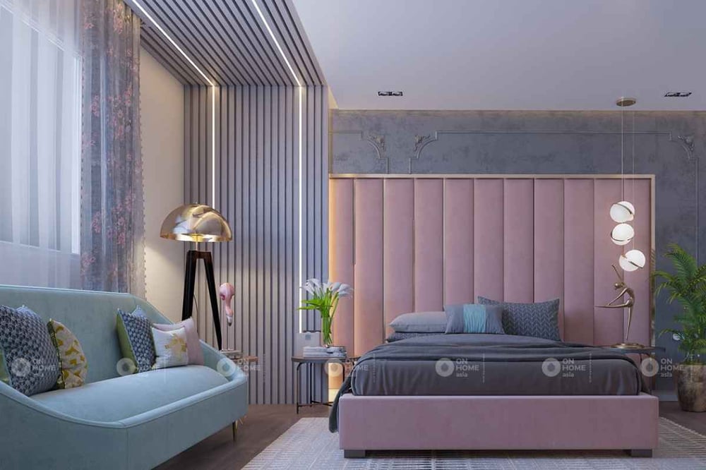 Phòng ngủ với giường màu hồng
