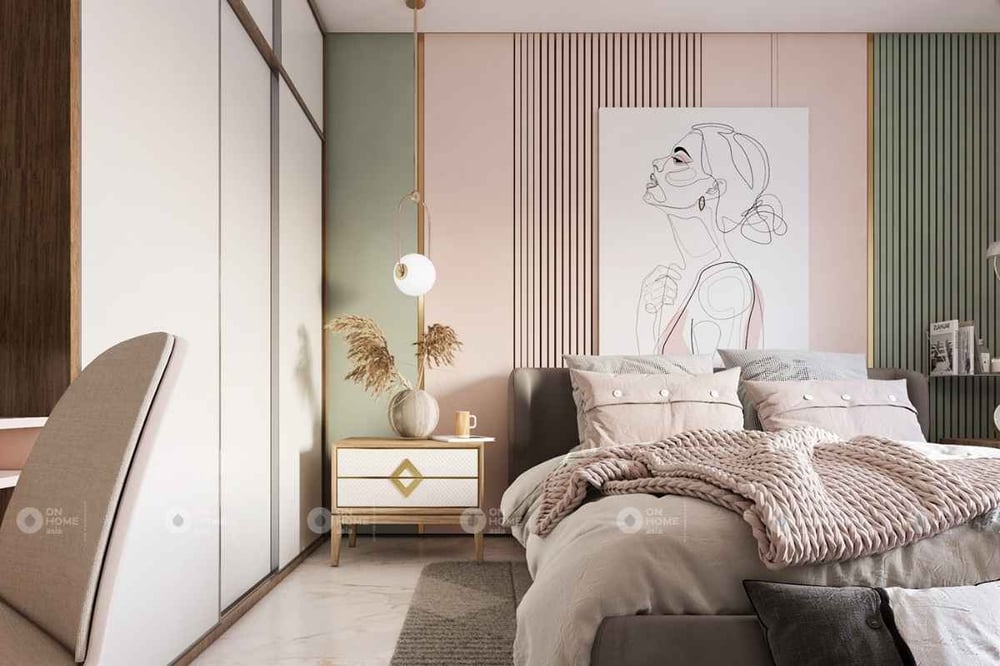 Phòng ngủ với nội thất màu hồng sang trọng