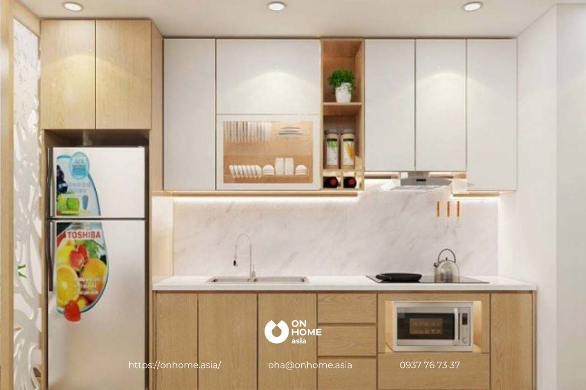 Nhà bếp nhỏ với tủ bếp hình chữ I