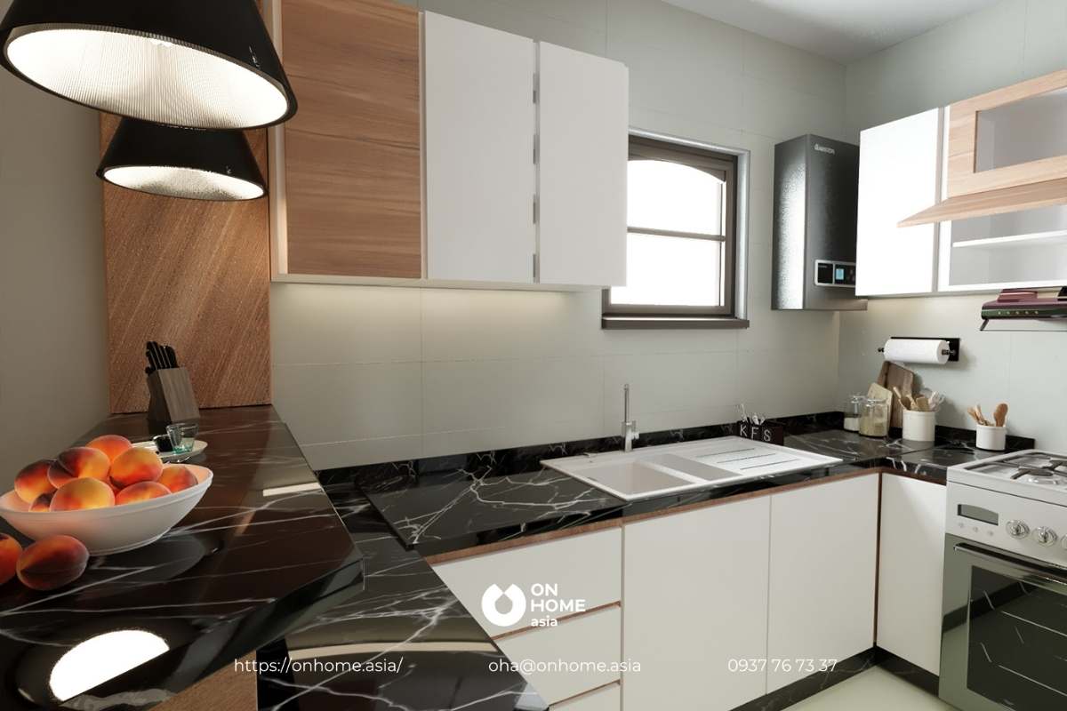 Thiết kế bếp nhỏ sử dụng đèn thả tạo điểm nhấn