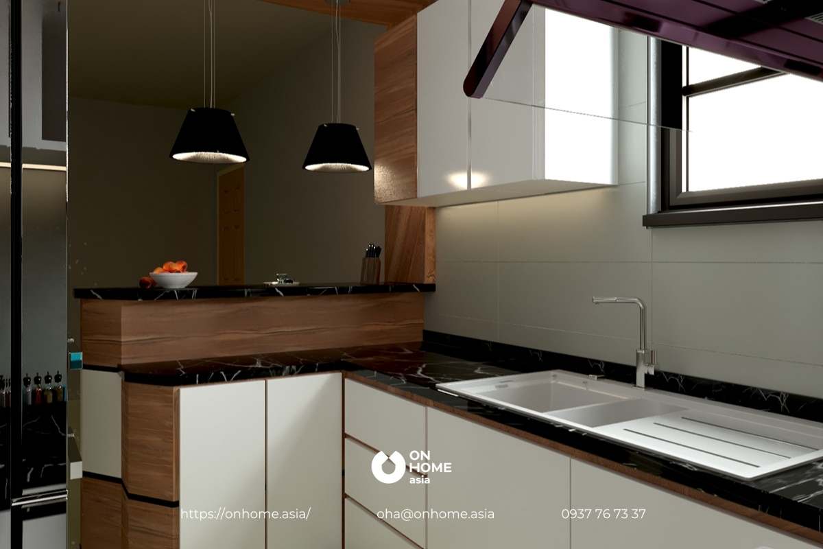 Thiết kế bếp nhỏ phối hợp đèn trang trí cân xứng.
