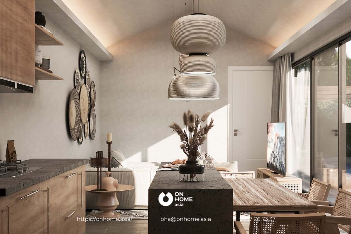 Tận dụng không gian mở bằng vách kính để tạo cảm giác thoáng đãng và gần gũi thiên nhiên.