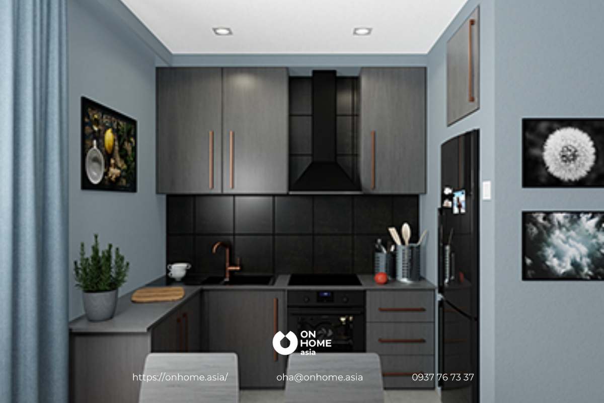 Mẫu thiết kết bếp nhỏ đẹp bằng gam màu tối sang trọng