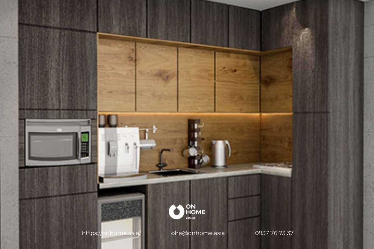 Mẫu thiết kết bếp nhỏ đẹp bằng gam màu tối ấm cúng