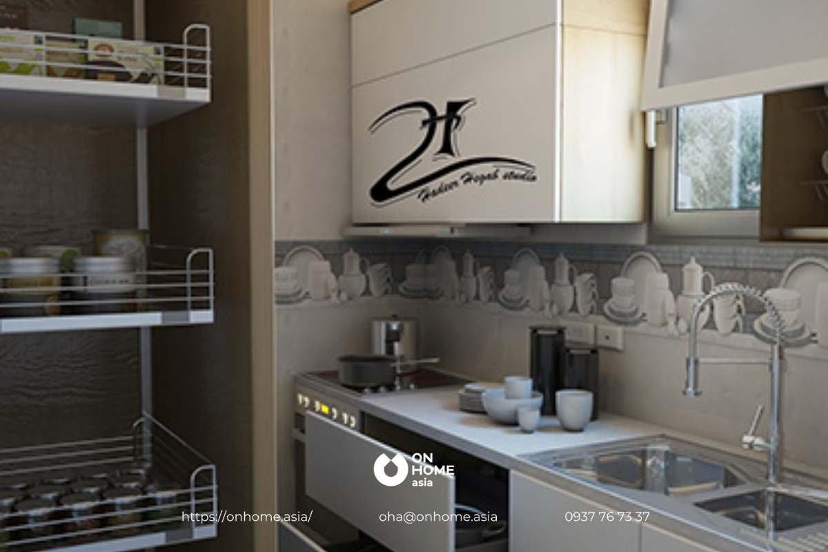 Mẫu thiết kết bếp nhỏ đẹp bằng gam màu tối trẻ trung