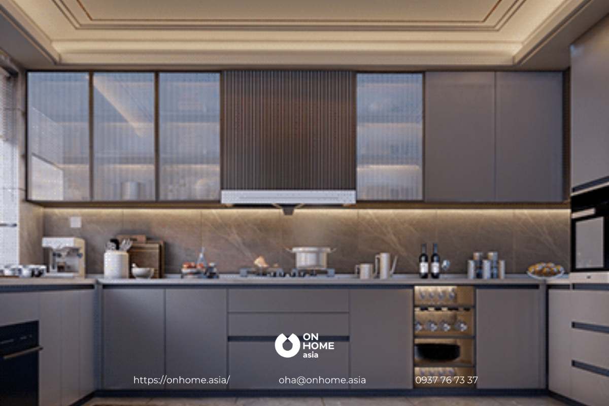Mẫu thiết kết bếp nhỏ đẹp bằng gam màu tối
