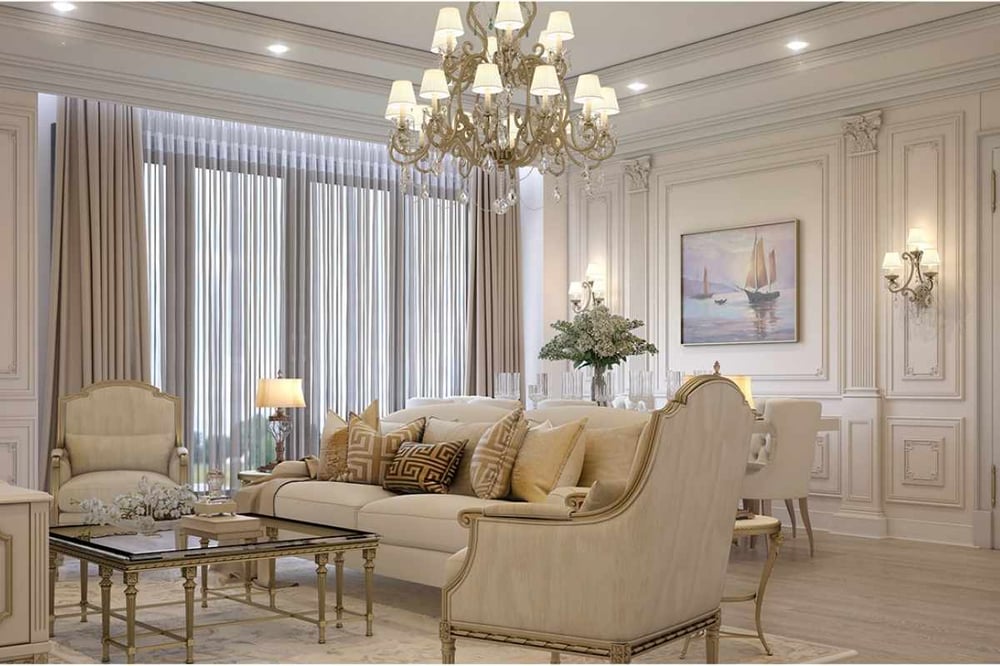 Mẫu phòng khách theo phong cách thiết kế nội thất biệt thự Cổ Điển đẹp với sắc trắng ngà