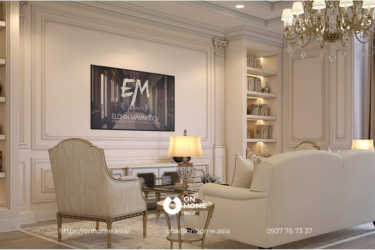 Mẫu phòng khách theo phong cách thiết kế nội thất biệt thự Cổ Điển đẹp với sắc trắng ngà