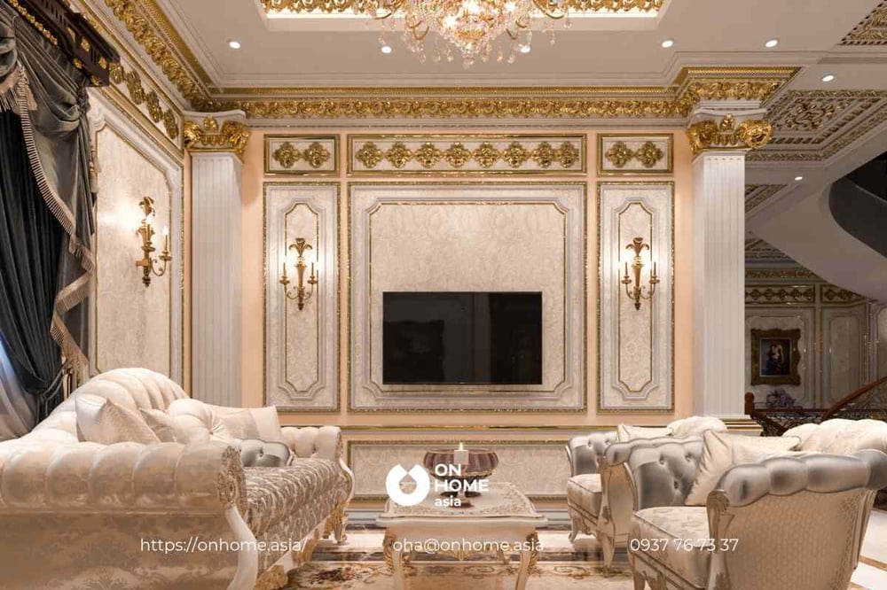 Phòng khách thiết kế nội thất biệt thự Cổ Điển hòa trộn tinh tế nhiều gam màu đậm nét quý tộc