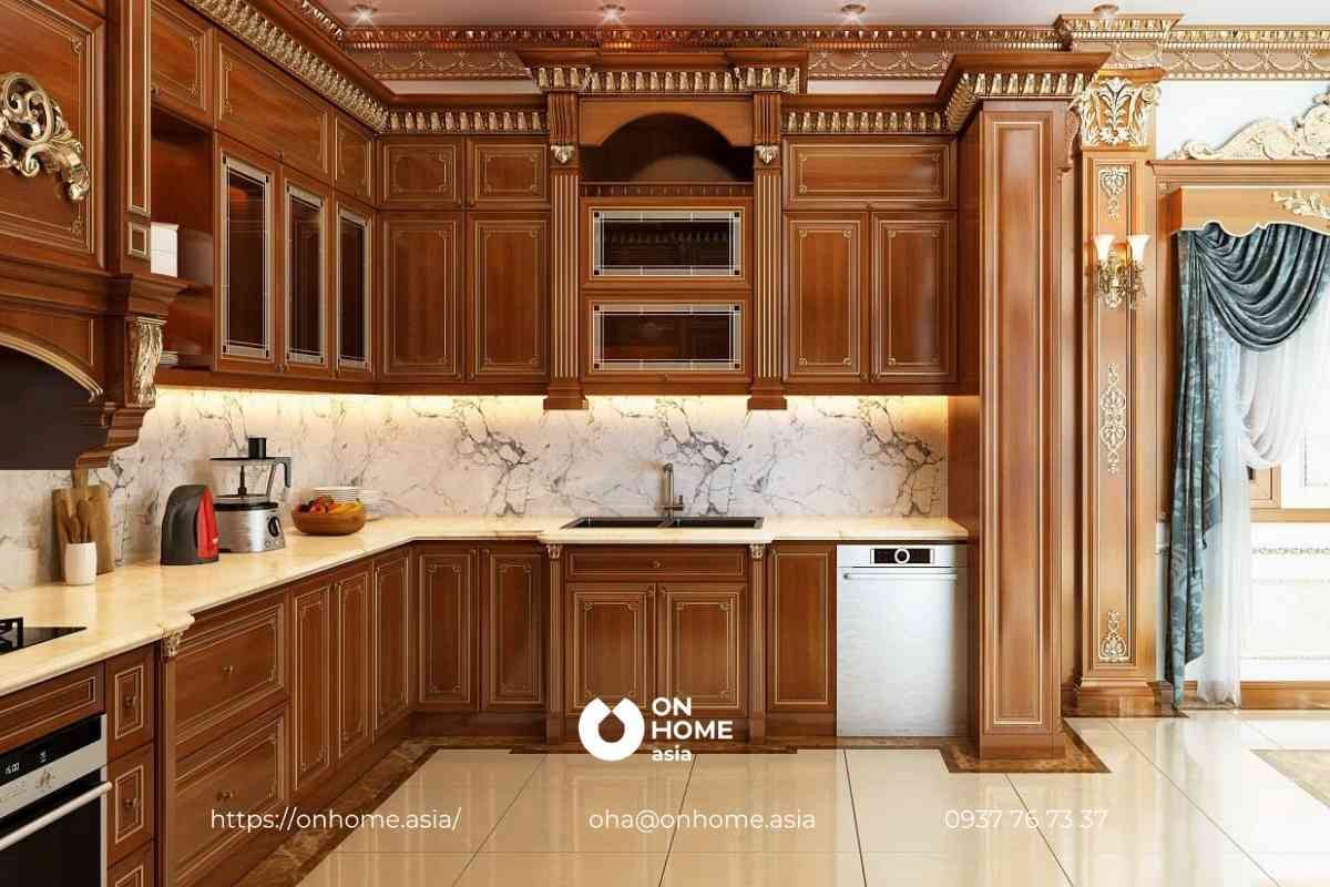 Mẫu thiết kế nội thất biệt thự Cổ Điển cho phòng bếp sang trọng, tiện nghi