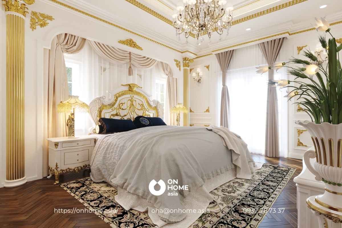 Thiết kế nội thất biệt thự Cổ Điển cho phòng ngủ sang trọng với họa tiết mạ vàng