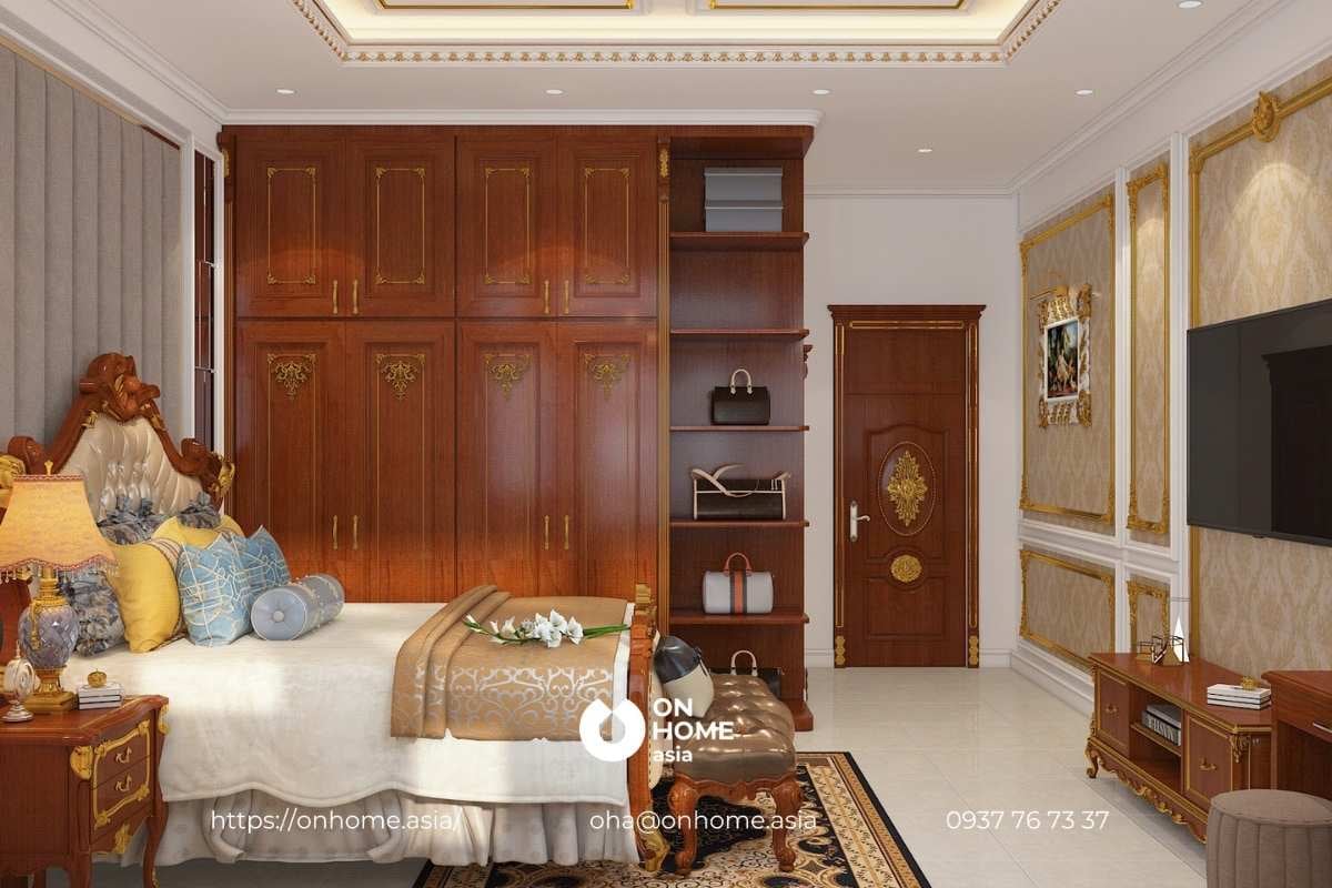 Mẫu thiết kế nội thất biệt thự Cổ Điển phòng ngủ với gỗ tự nhiên cao cấp