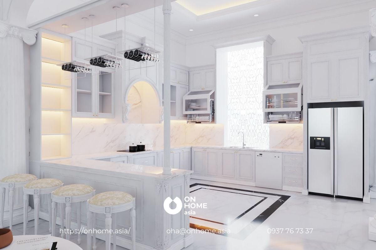 Mẫu thiết kế nội thất phòng bếp biệt thự Tân Cổ Điển đá cẩm thạch trắng sang trọng.