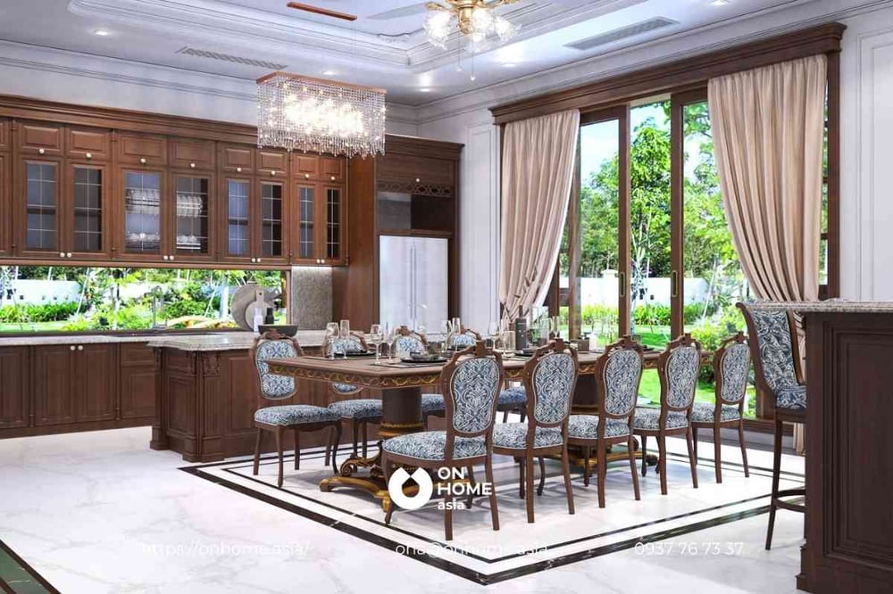 Mẫu thiết kế nội thất phòng bếp biệt thự Tân Cổ Điển sang trọng với gỗ tự nhiên