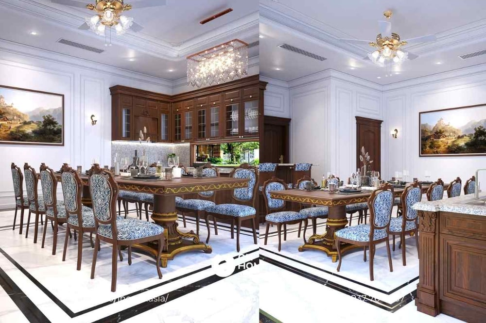 Mẫu thiết kế nội thất phòng bếp biệt thự Tân Cổ Điển sang trọng với gỗ tự nhiên