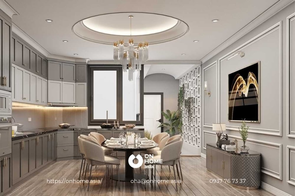 Mẫu thiết kế nội thất phòng bếp biệt thự Tân Cổ Điển thanh lịch, hiện đại