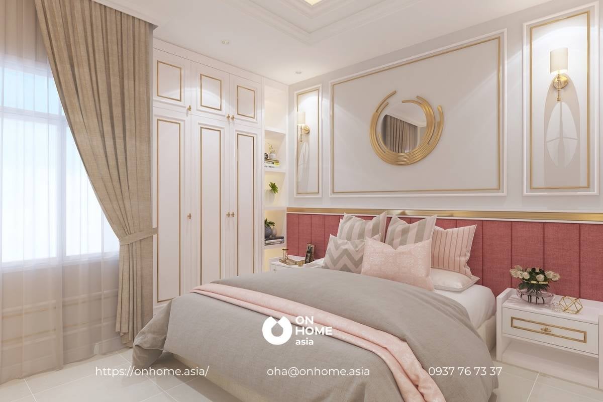 Phòng ngủ mang thiết kế nội thất biệt thự Tân Cổ điển với sắc hồng điềm đạm, quý phái