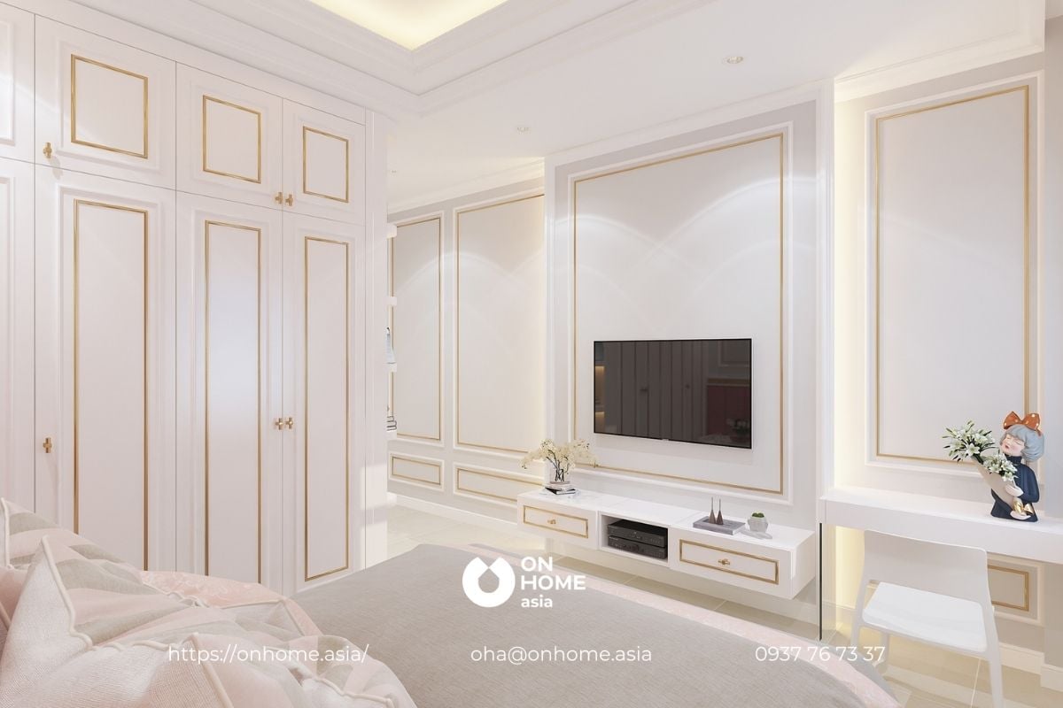 Phòng ngủ mang thiết kế nội thất biệt thự Tân Cổ điển với sắc hồng điềm đạm, quý phái