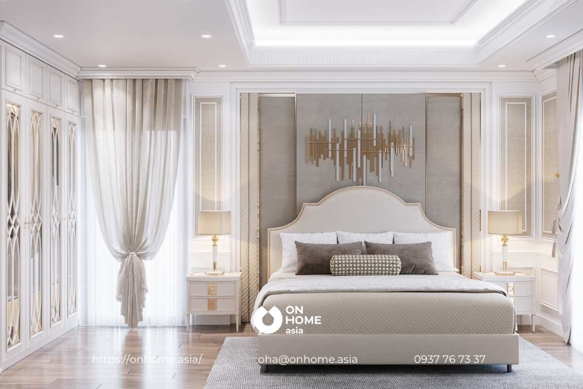 Mẫu phòng ngủ mang thiết kế nội thất biệt thự Tân Cổ điển sang trọng, nhẹ nhàng