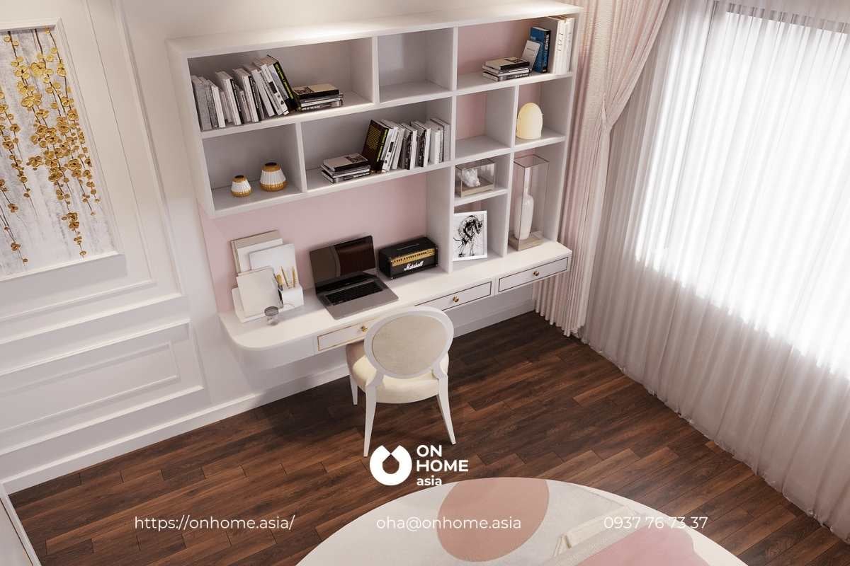 Góc học tập phòng ngủ mang thiết kế nội thất biệt thự Tân Cổ điển cho bé gái