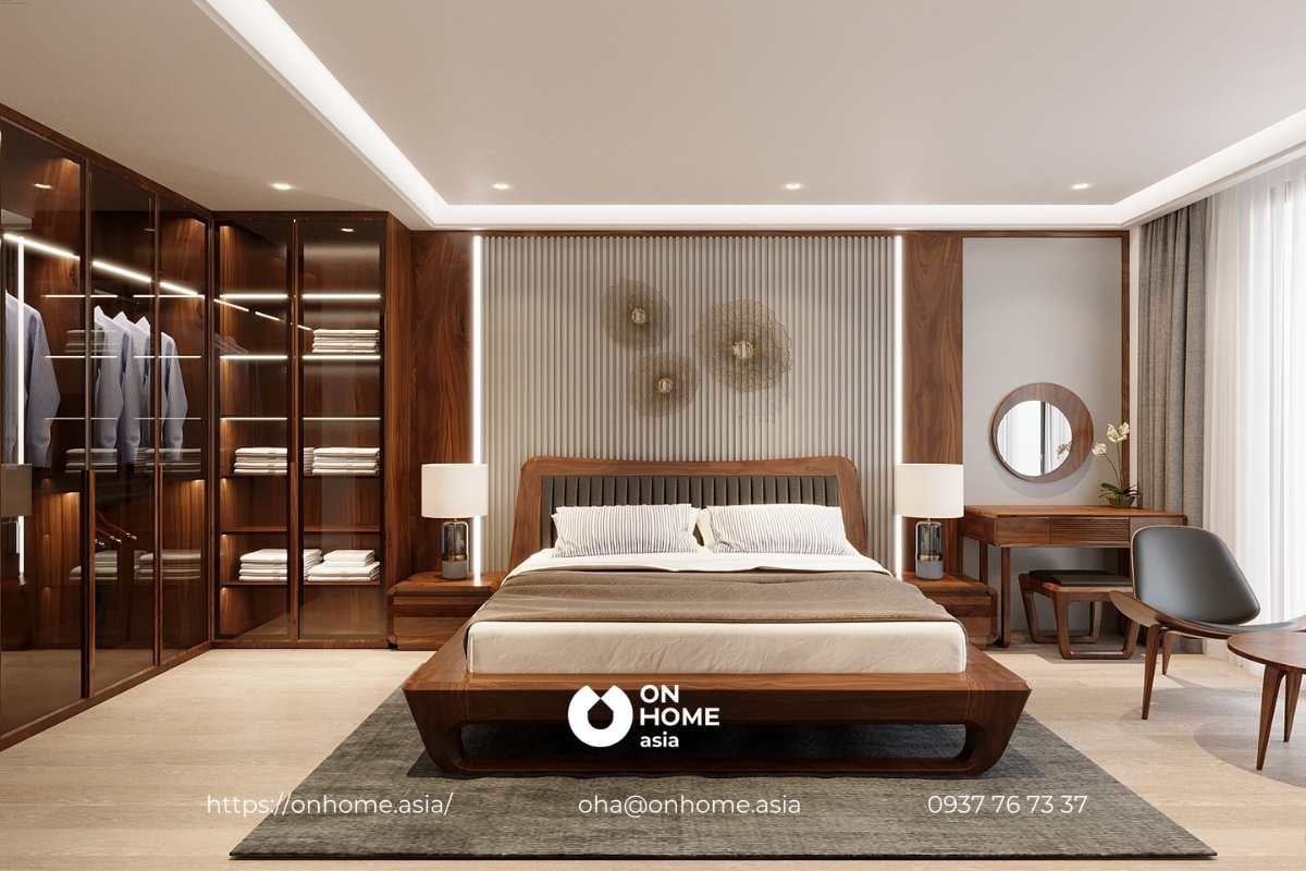 Mẫu phòng ngủ thiết kế nội thất biệt thự Tân Cổ điển với gỗ Óc Chó sang trọng