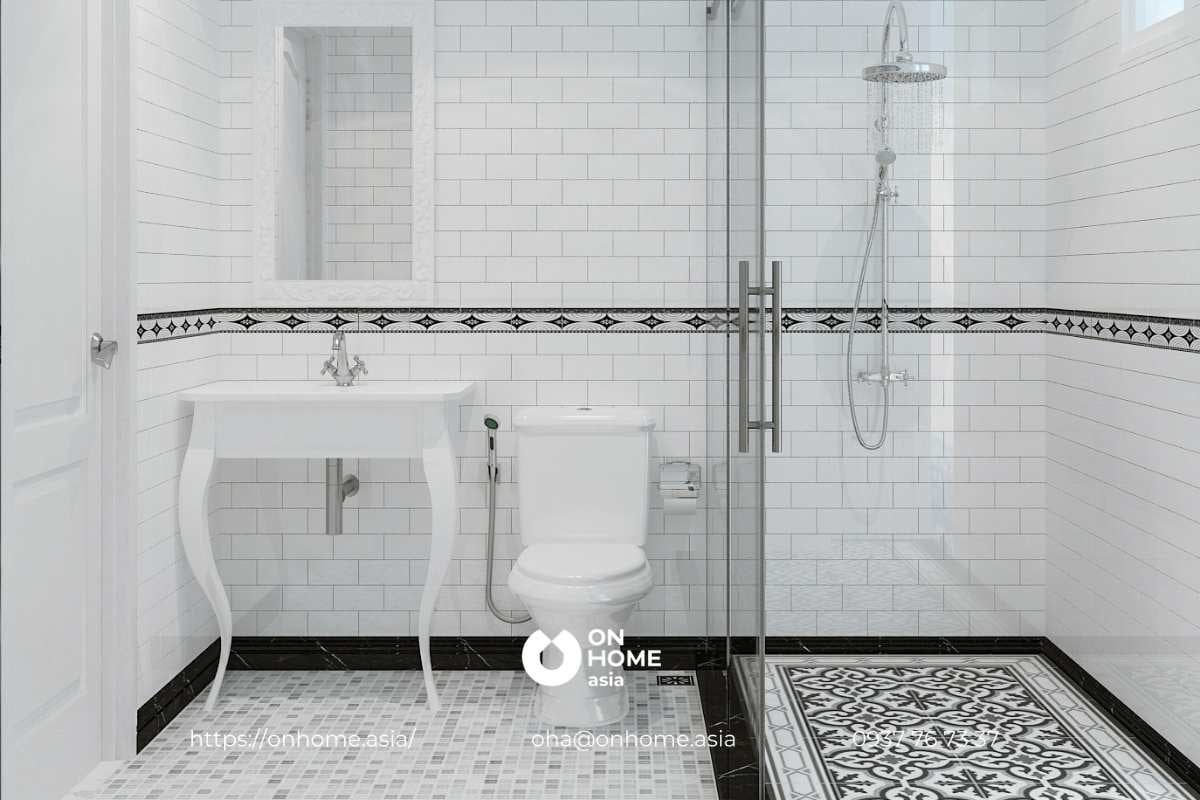 Mẫu nhà vệ sinh phong cách thiết kế nội thất Tân Cổ Điển đơn giản, pha trộn hiện đại tinh tế.