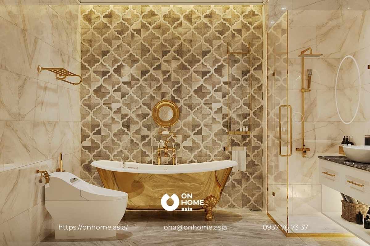 Mẫu nhà vệ sinh phong cách thiết kế nội thất Tân Cổ Điển mạ vàng lấp lánh, đẳng cấp.