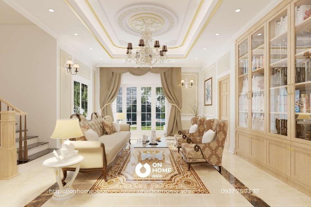 Mẫu thiết kế nội thất biệt thự Tân Cổ Điển với tông vàng chủ đạo sang trọng, sáng thời khí chất quý tộc.