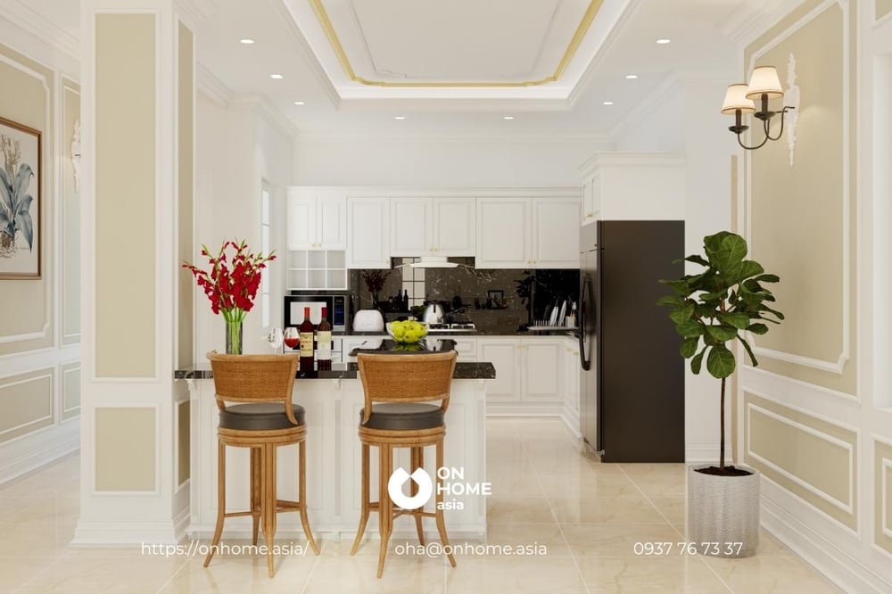 Phòng bếp mang thiết kế nội thất biệt thự Tân Cổ Điển với tông vàng chủ đạo sang trọng, sáng thời khí chất quý tộc.