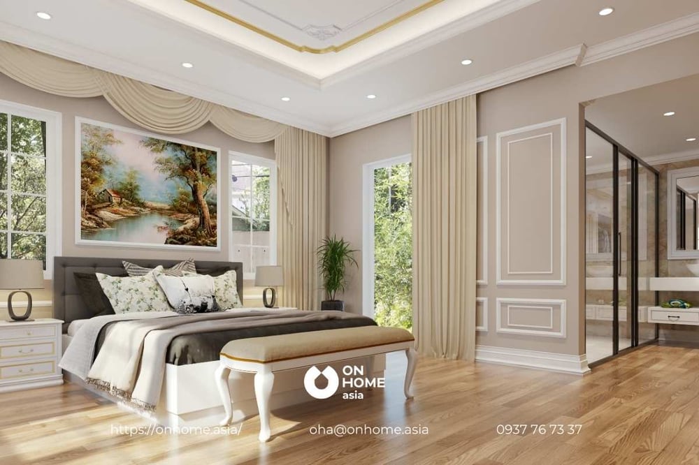 Phòng bếp mang thiết kế nội thất biệt thự Tân Cổ Điển với tông vàng chủ đạo sang trọng, sáng thời khí chất quý tộc.