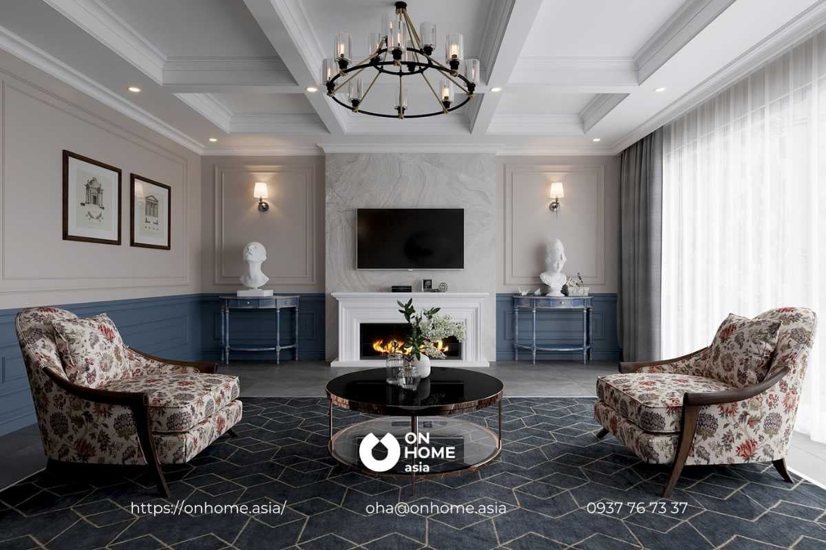 Mẫu thiết kế nội thất phòng khách biệt thự Tân Cổ kết hợp phong cách Luxury sang trọng