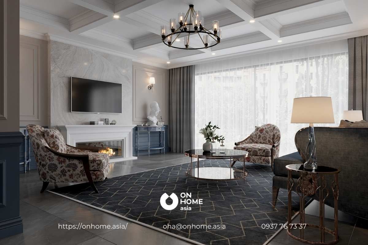 Mẫu thiết kế nội thất phòng khách biệt thự Tân Cổ kết hợp phong cách Luxury sang trọng