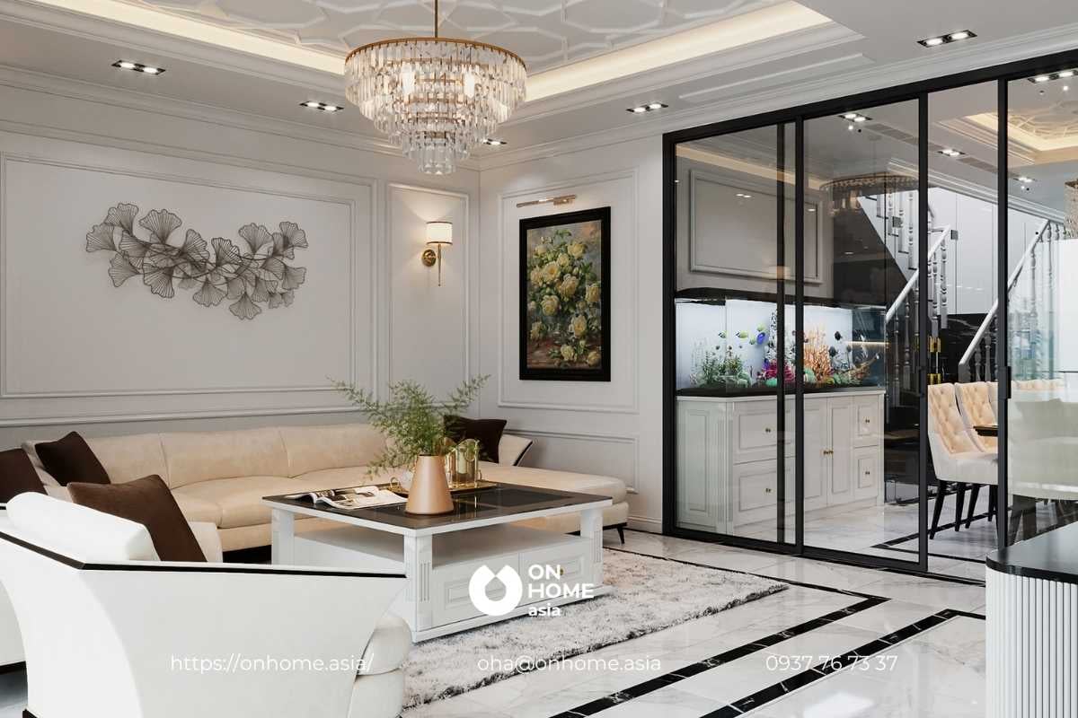 Phòng khách mang thiết kế nội thất biệt thự Tân Cổ Điển kết hợp phong cách Luxury thời thượng.