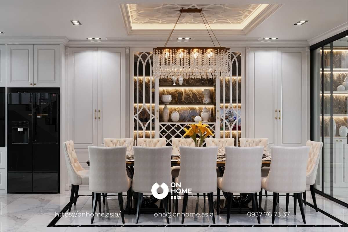 Phòng bếp mang thiết kế nội thất biệt thự Tân Cổ Điển kết hợp phong cách Luxury thời thượng.