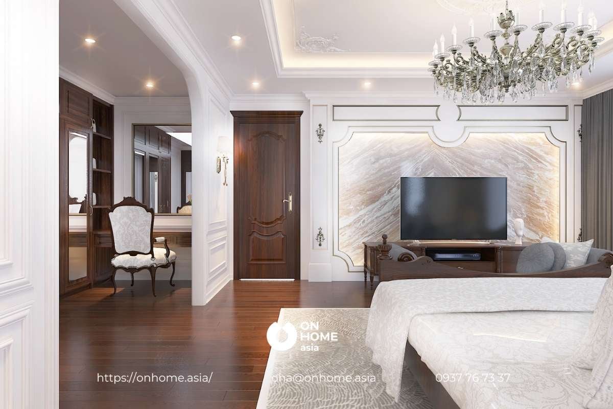Phòng ngủ mang thiết kế nội thất biệt thự Tân Cổ Điển sang trọng với gỗ tự nhiên.