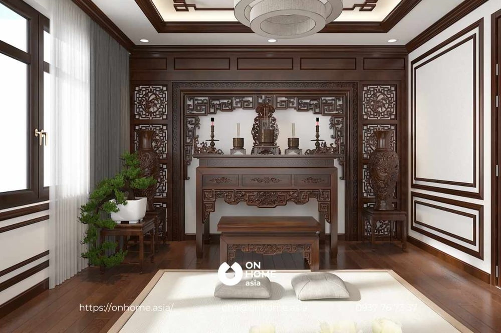 Phòng thờ mang thiết kế nội thất biệt thự Tân Cổ Điển sang trọng với gỗ tự nhiên.