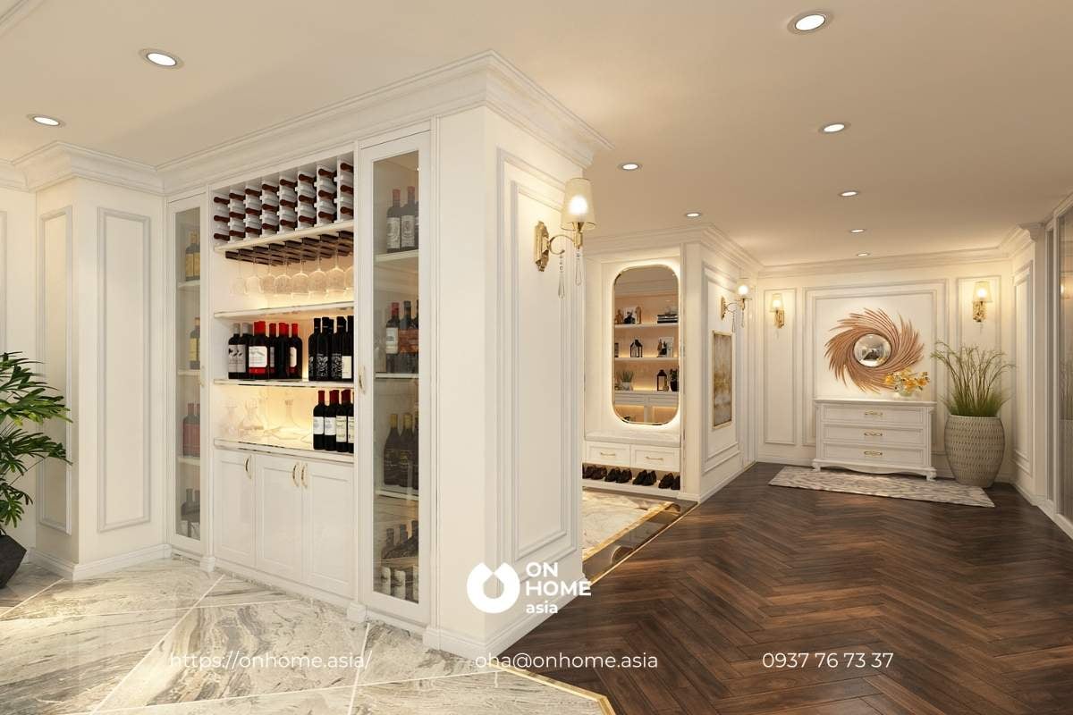 Tủ rượu trong thiết kế nội thất biệt thự Tân Cổ Điển kết hợp sàn đá và kính.