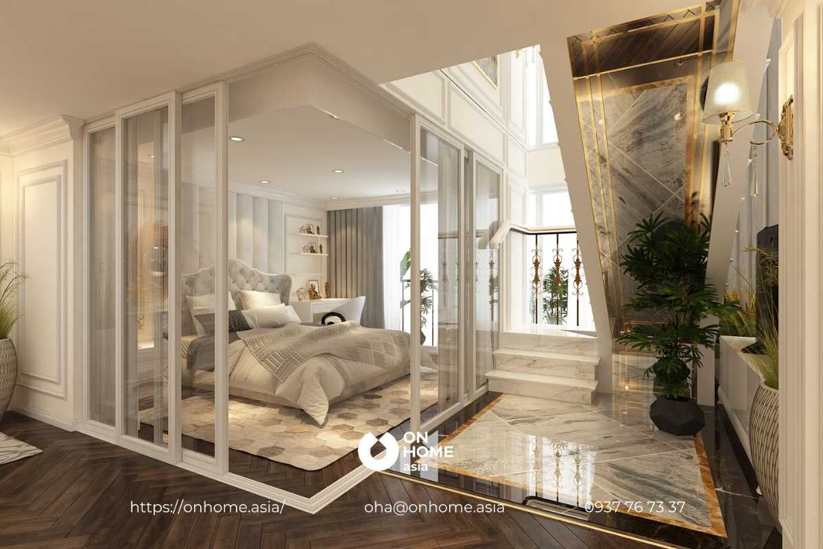 Phòng ngủ mang thiết kế nội thất biệt thự Tân Cổ Điển kết hợp sàn đá và kính.